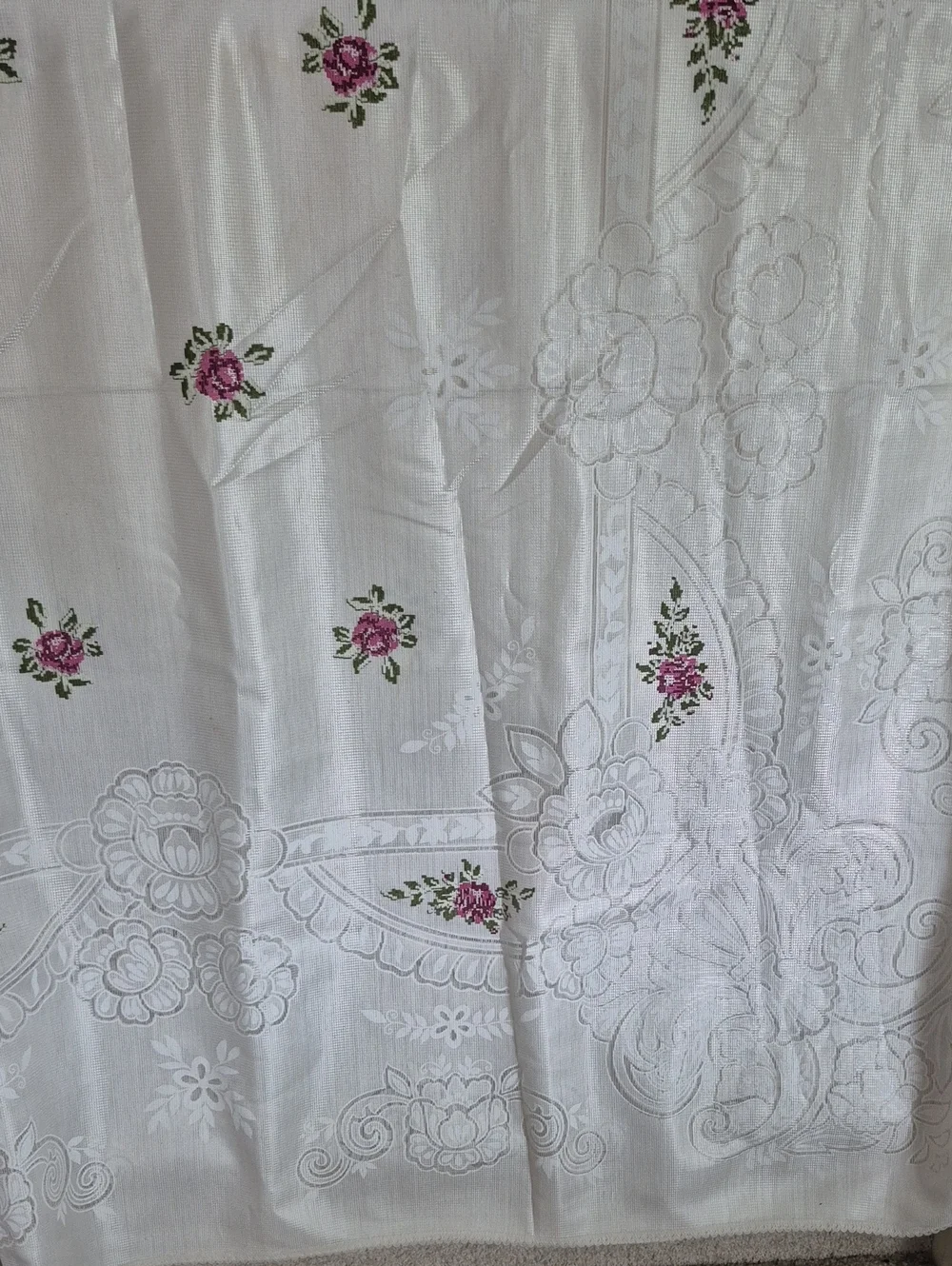 White Floral Embroidered Tablecloth with Pink Rose Accents 60x80